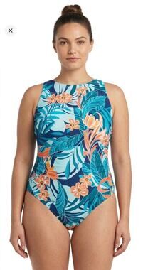 Jantzen blue hibiscus temple peach Adjustable Straps swimsuit 12